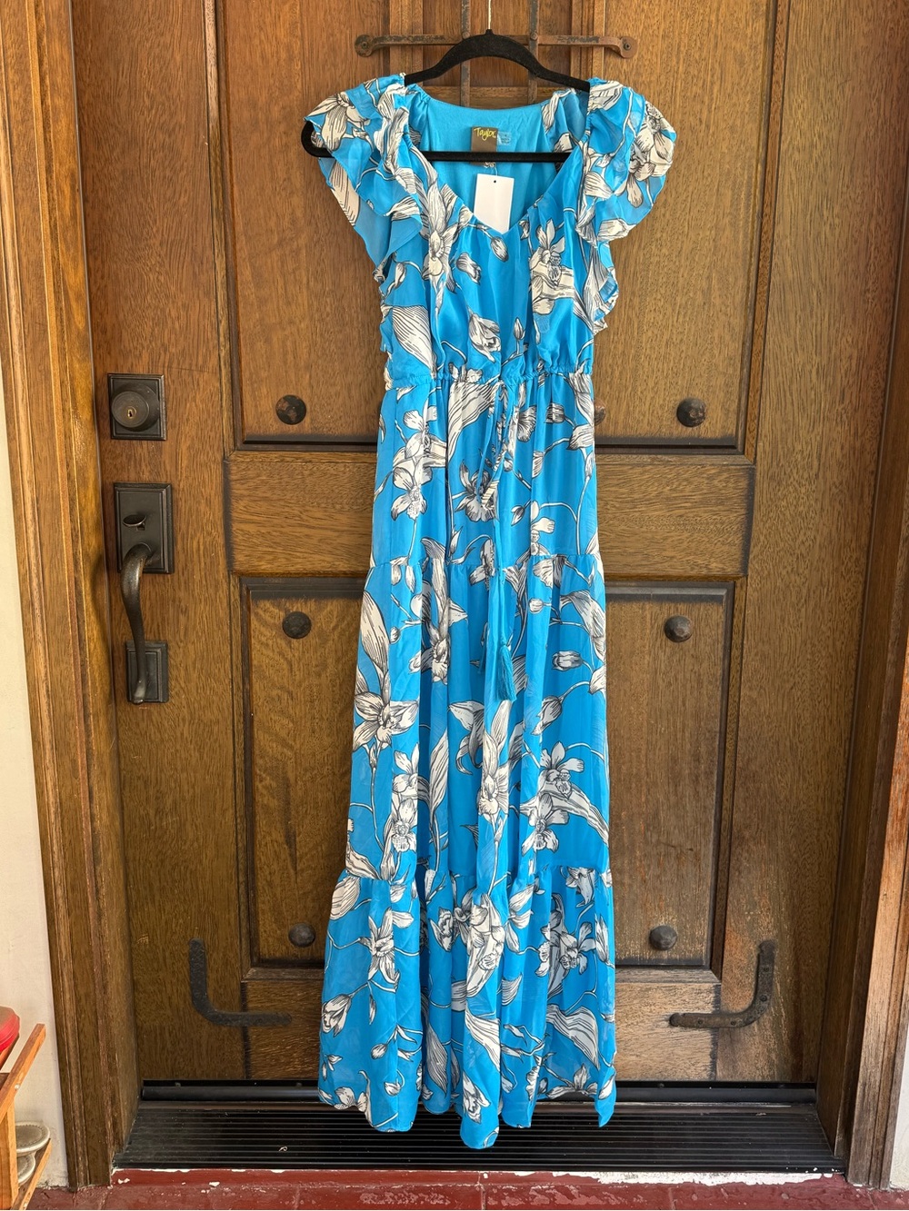 Taylor Turquoise Floral Maxi Dress with Ruffle Shoulders Size 2,4